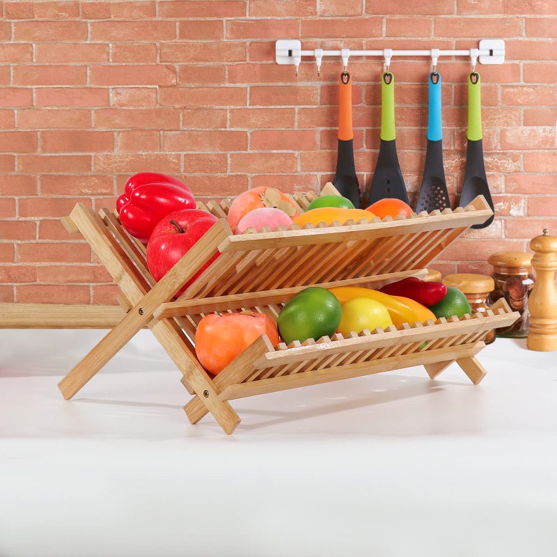 SZUAH Collapsible Bamboo Dish Drying Rack - 2 Tier Space Saving Kitchen Counter Organizer, Holds 19 Plates, Bowls & Utensils (17.8"x10.23"x9.25") - Image 4